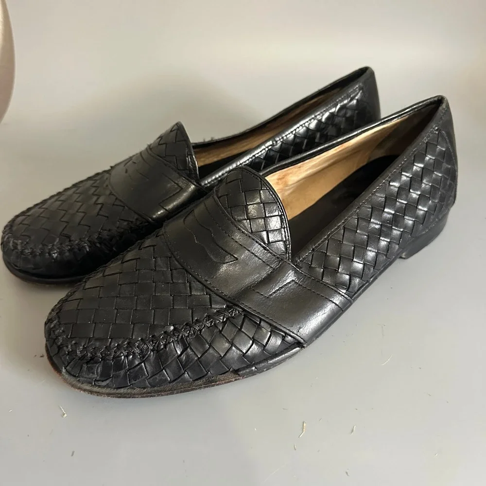 Cole Haan City Mens Woven Leather Penny Loafers Black Vintage Size 13 Shoes